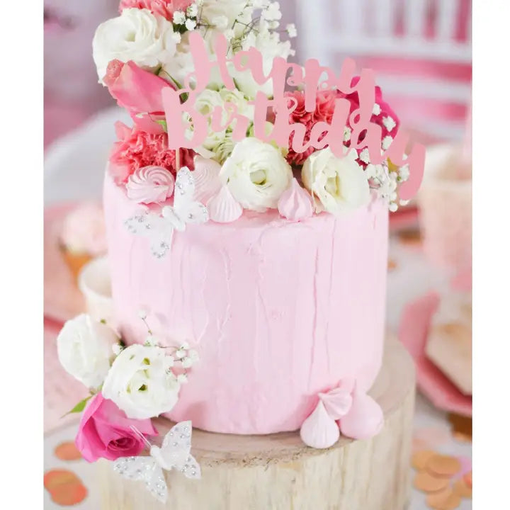 Pink Happy Birthday cake topper with floral details birthday theme from Parte Haus party supply store in Bethesda MD
