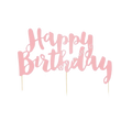 Pink foil cake topper with Happy Birthday script for birthday celebration from Parte Haus party supply store in Bethesda Maryland