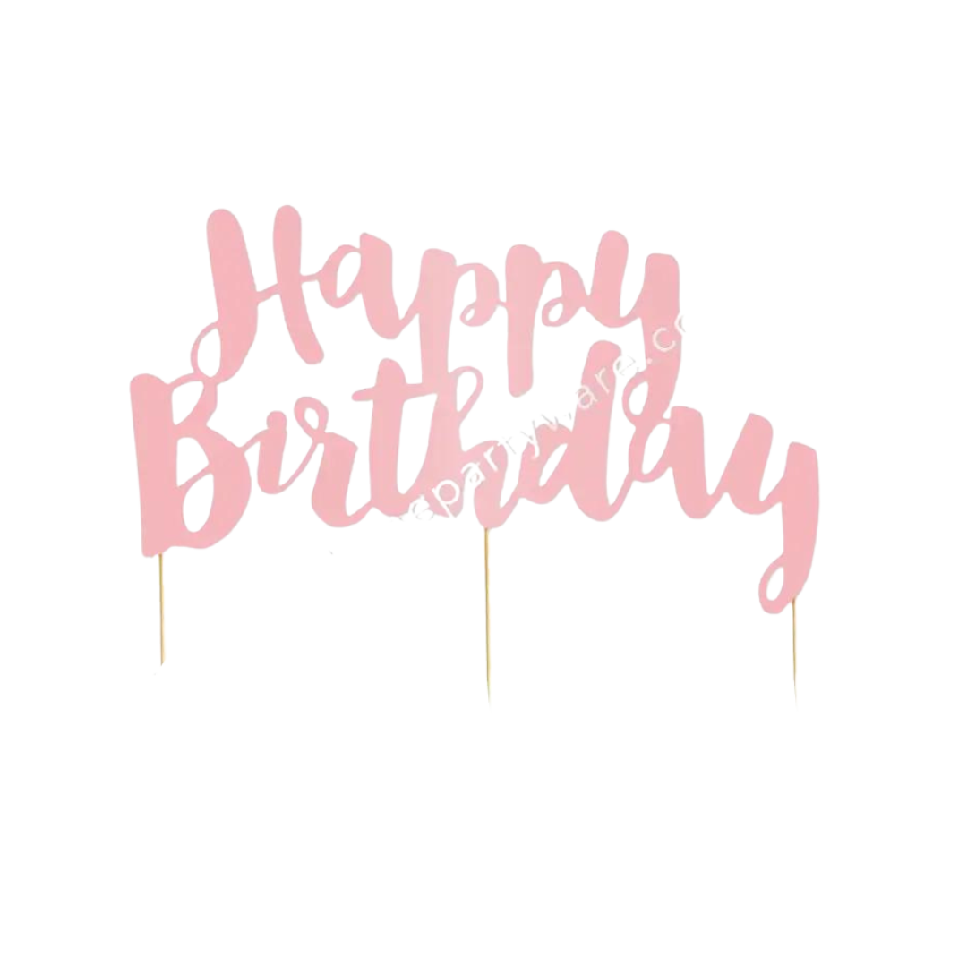 Pink foil cake topper with Happy Birthday script for birthday celebration from Parte Haus party supply store in Bethesda Maryland