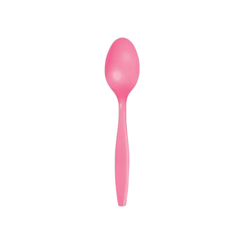 Candy pink plastic spoon with glossy finish for birthdays from Parte Haus party supply store in Bethesda MD.
