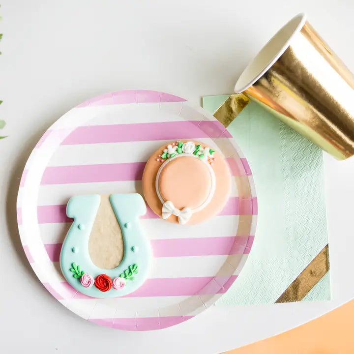 Pink and white striped dinner plate with floral cookies for spring or tea party from Parte Haus party supply store in Bethesda MD