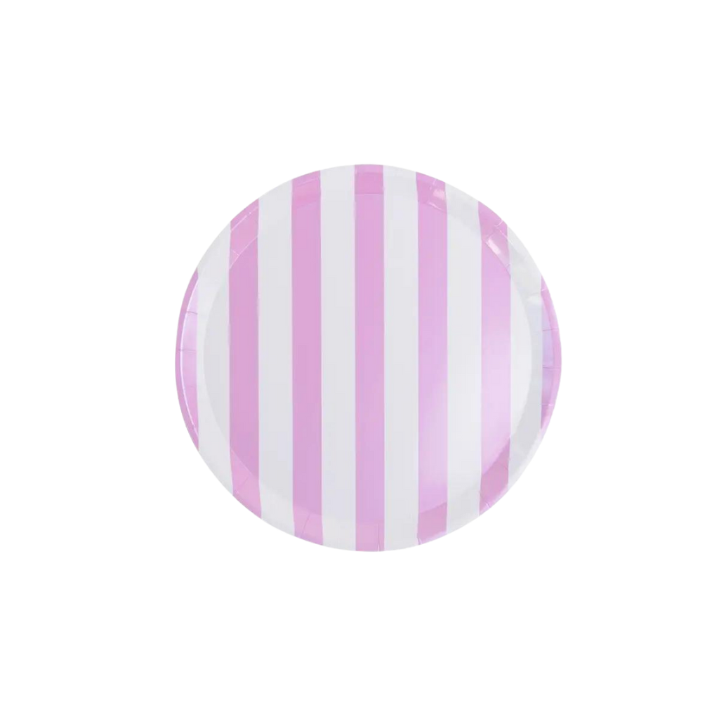Pink and white striped dinner plate for birthday from Parte Haus party supply store in Bethesda Maryland