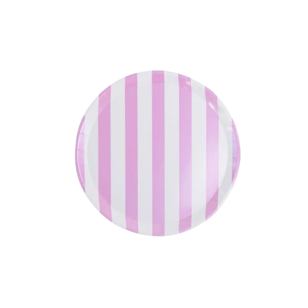 Pink and white striped dinner plate for birthday from Parte Haus party supply store in Bethesda Maryland