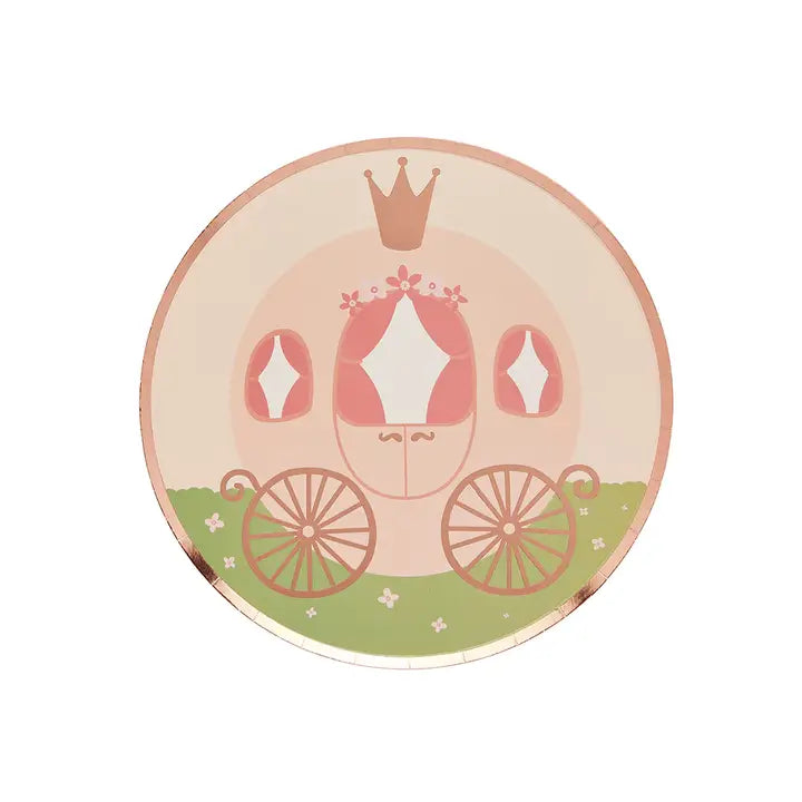 Pink carriage paper plate with crown and flowers princess theme from Parte Haus party supply store in Bethesda MD