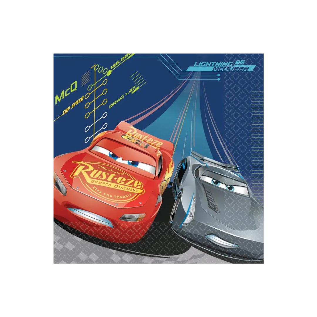 Blue Cars 3 lunch napkins featuring red and gray race cars birthday theme from Parte Haus party supply store in Bethesda Maryland