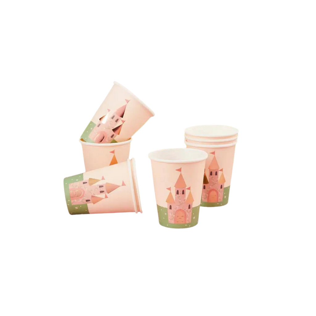 Pink castle paper cups with fairy tale theme from Parte Haus party supply store in Bethesda Maryland