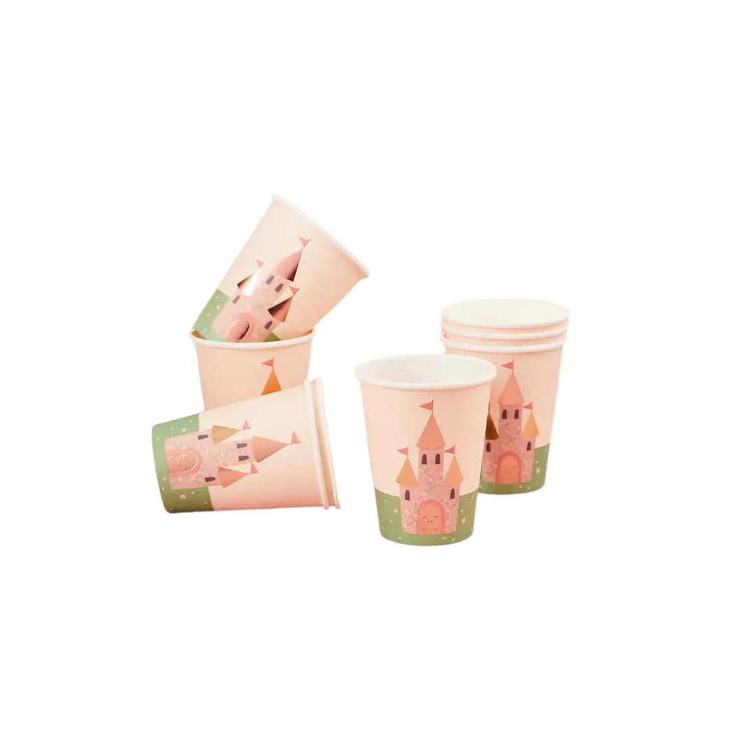 Pink castle paper cups with fairy tale theme from Parte Haus party supply store in Bethesda Maryland