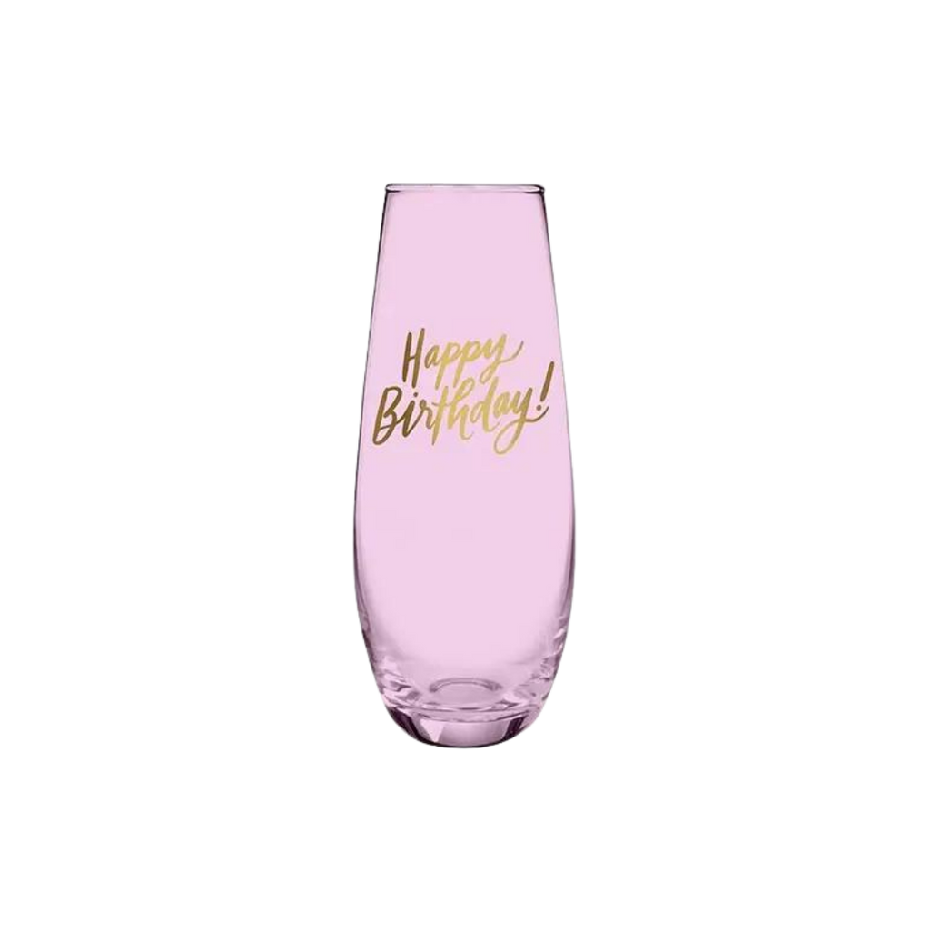 Pink champagne glass with gold Happy Birthday lettering birthday theme from Parte Haus party supply store in Bethesda MD