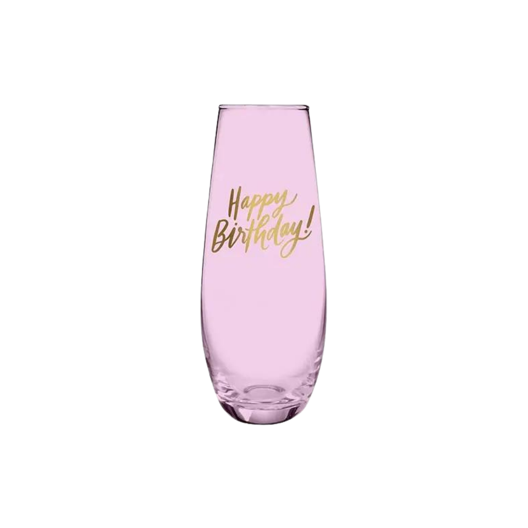 Pink champagne glass with gold Happy Birthday lettering birthday theme from Parte Haus party supply store in Bethesda MD