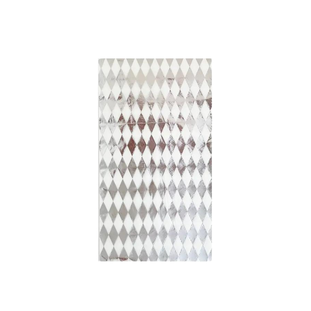Silver and white diamond check guest napkin shiny modern design for celebration from Parte Haus party supply store in Bethesda MD