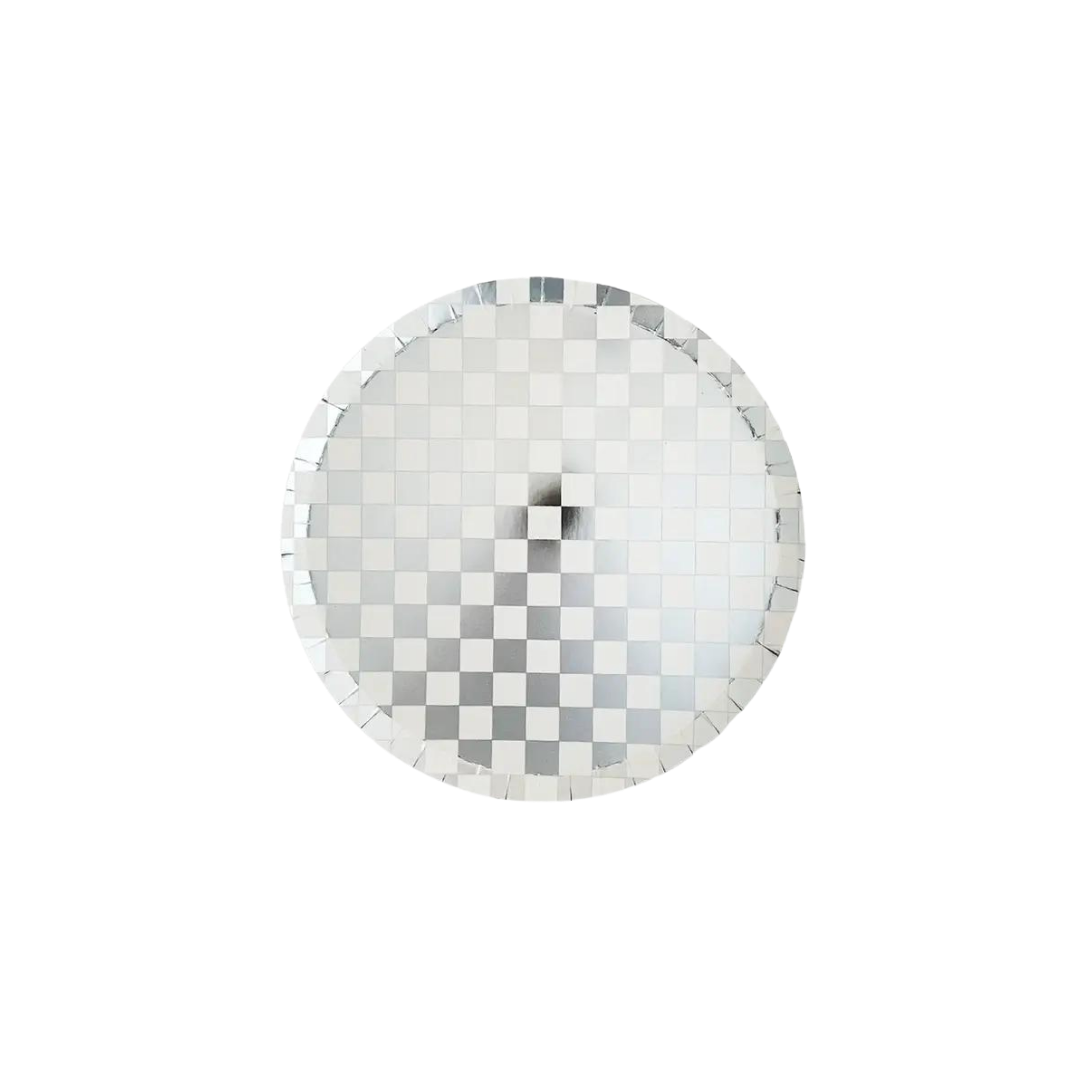 silver checkered dinner plate with a reflective disco theme from Parte Haus party supply store in Bethesda Maryland