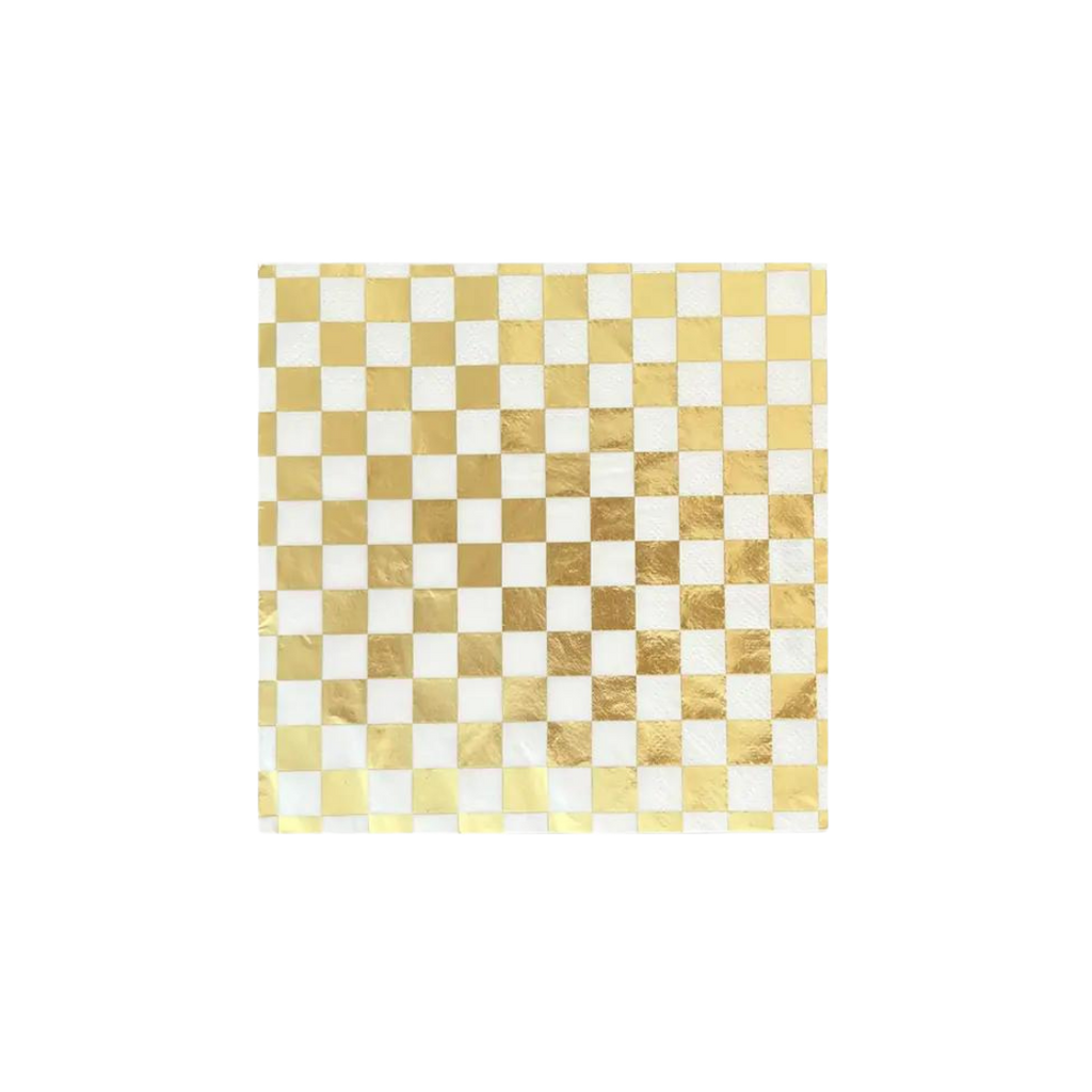 Gold checkered cocktail napkin with metallic finish for celebrations from Parte Haus party supply store in Bethesda MD