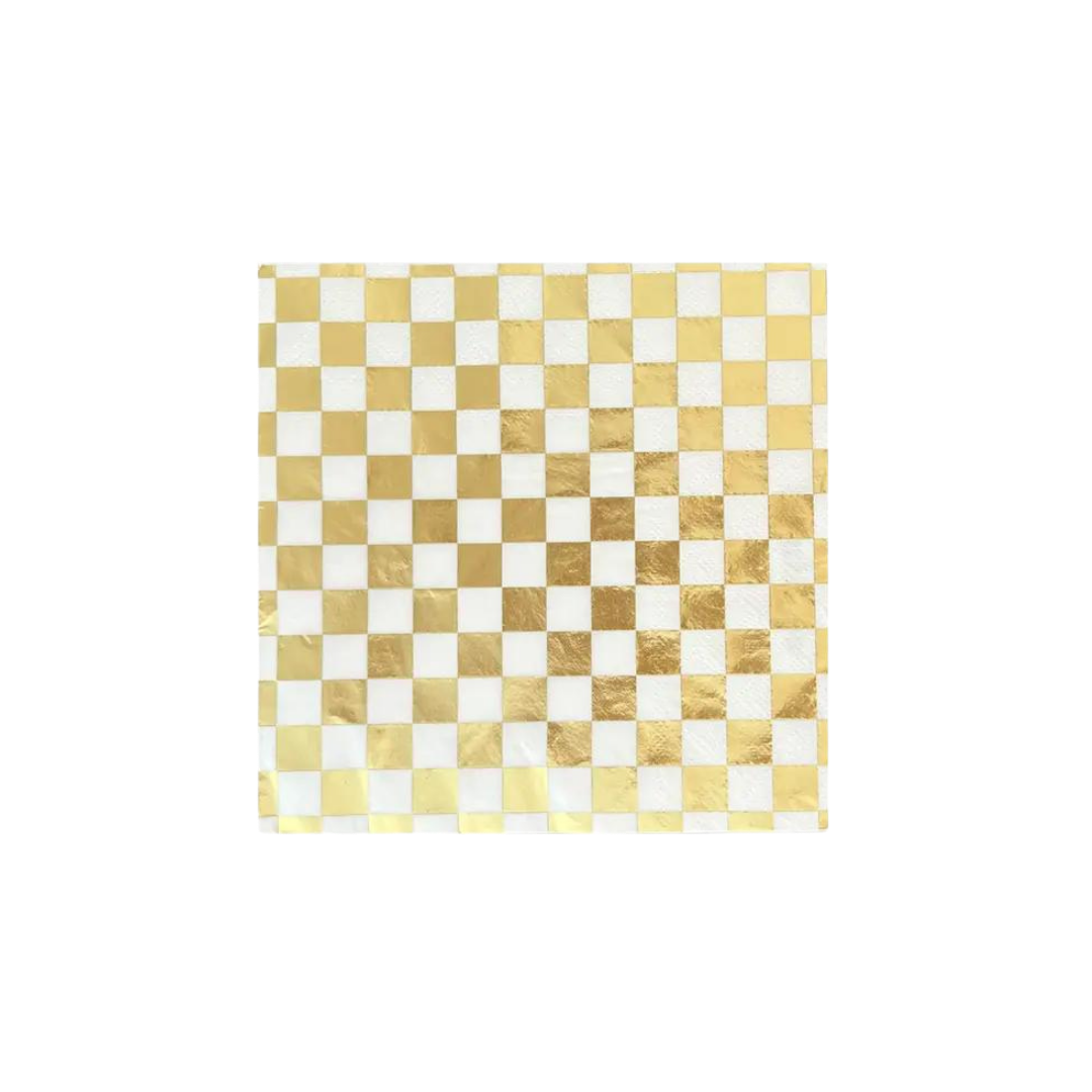 Gold checkered cocktail napkin with metallic finish for celebrations from Parte Haus party supply store in Bethesda MD