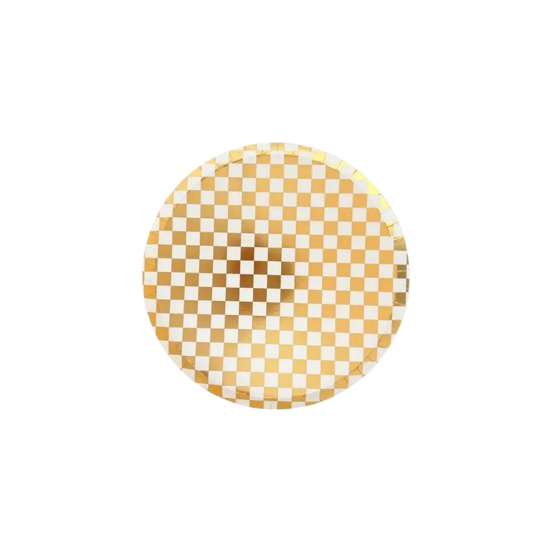 Gold checkered plate with metallic finish for celebration theme from Parte Haus party supply store in Bethesda MD