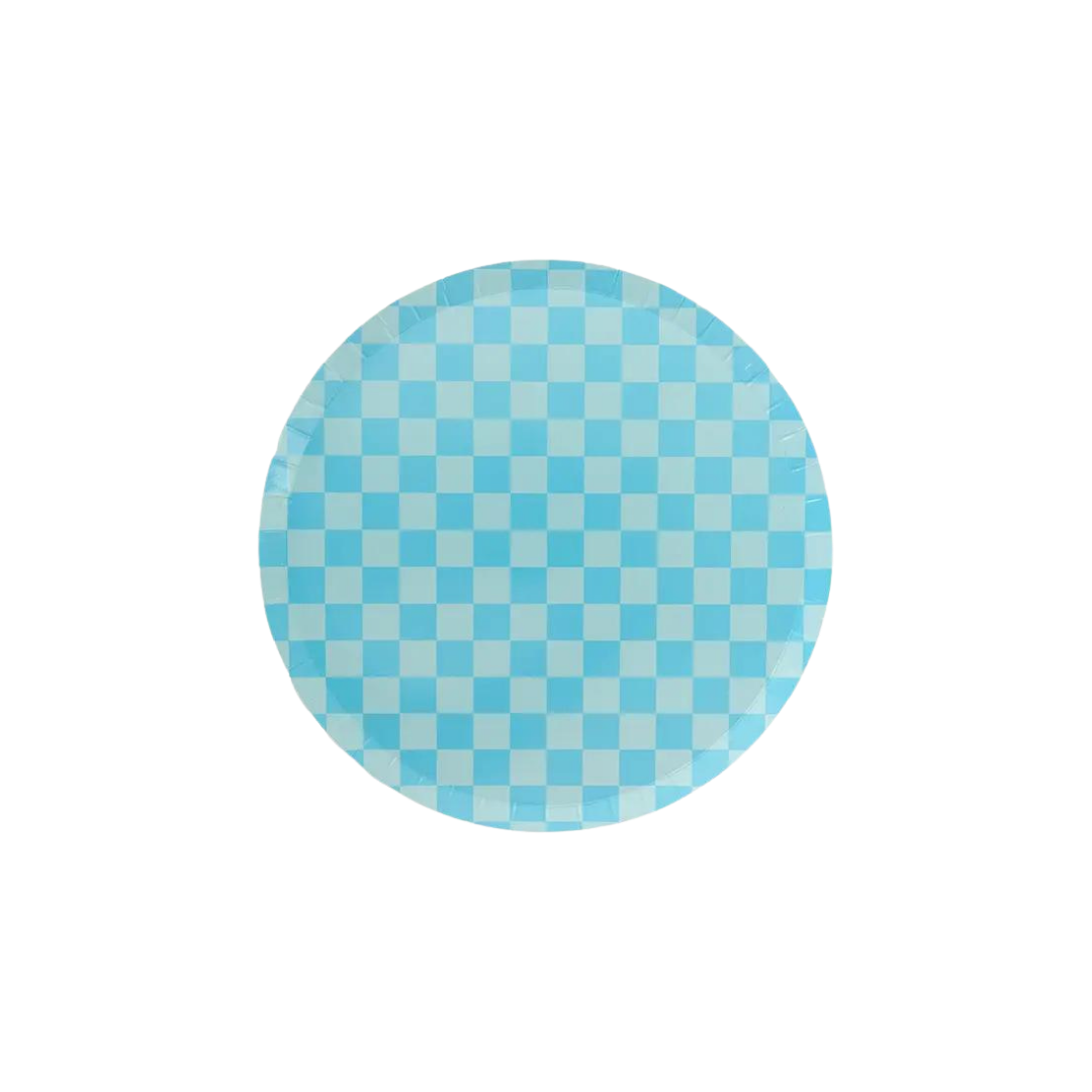 Blue checkerboard dinner plate with modern design for birthday or themed events from Parte Haus party supply store in Bethesda MD