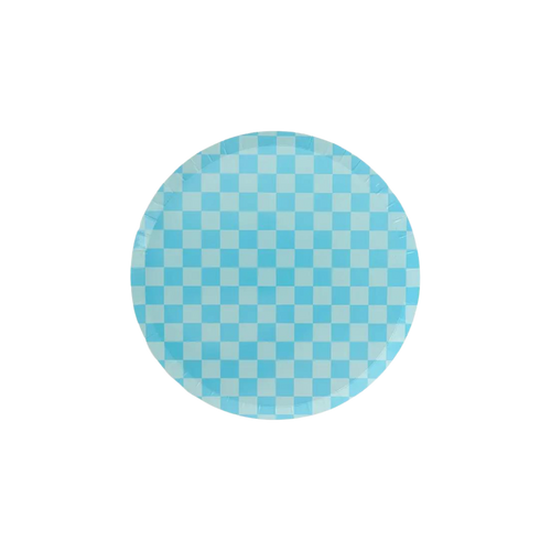 Blue checkerboard dinner plate with modern design for birthday or themed events from Parte Haus party supply store in Bethesda MD
