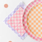 Peach pink and lavender gingham large napkins and plates picnic theme from Parte Haus party supply store in Bethesda MD