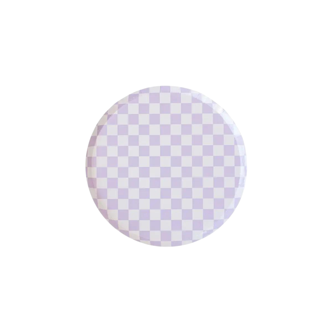 Purple checkerboard dinner plate with pastel check pattern birthday from Parte Haus party supply store in Bethesda MD.