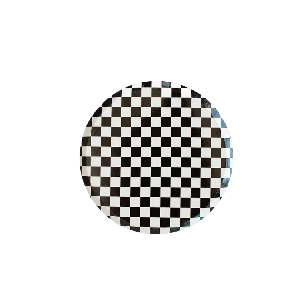 Black and white checkered dinner plate classic design for celebrations from Parte Haus party supply store in Bethesda MD