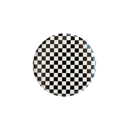 Black and white checkered dinner plate classic design for celebrations from Parte Haus party supply store in Bethesda MD