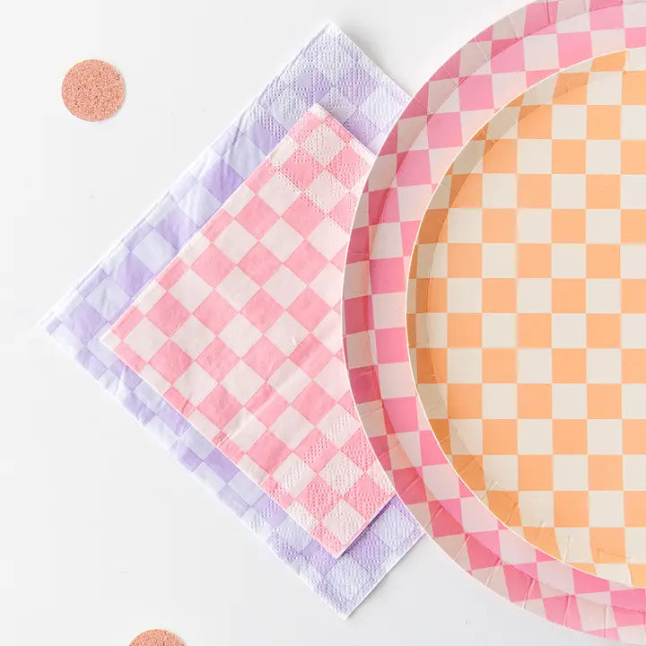 Pink and lavender checkered cocktail napkins for spring picnic from Parte Haus party supply store in Bethesda MD