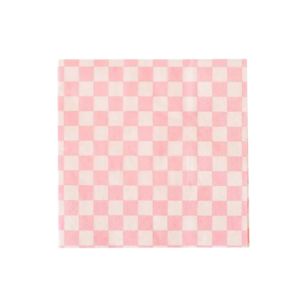 Tickle Me Pink cocktail napkin with pink and white checkered pattern birthday from Parte Haus party supply store in Bethesda MD.