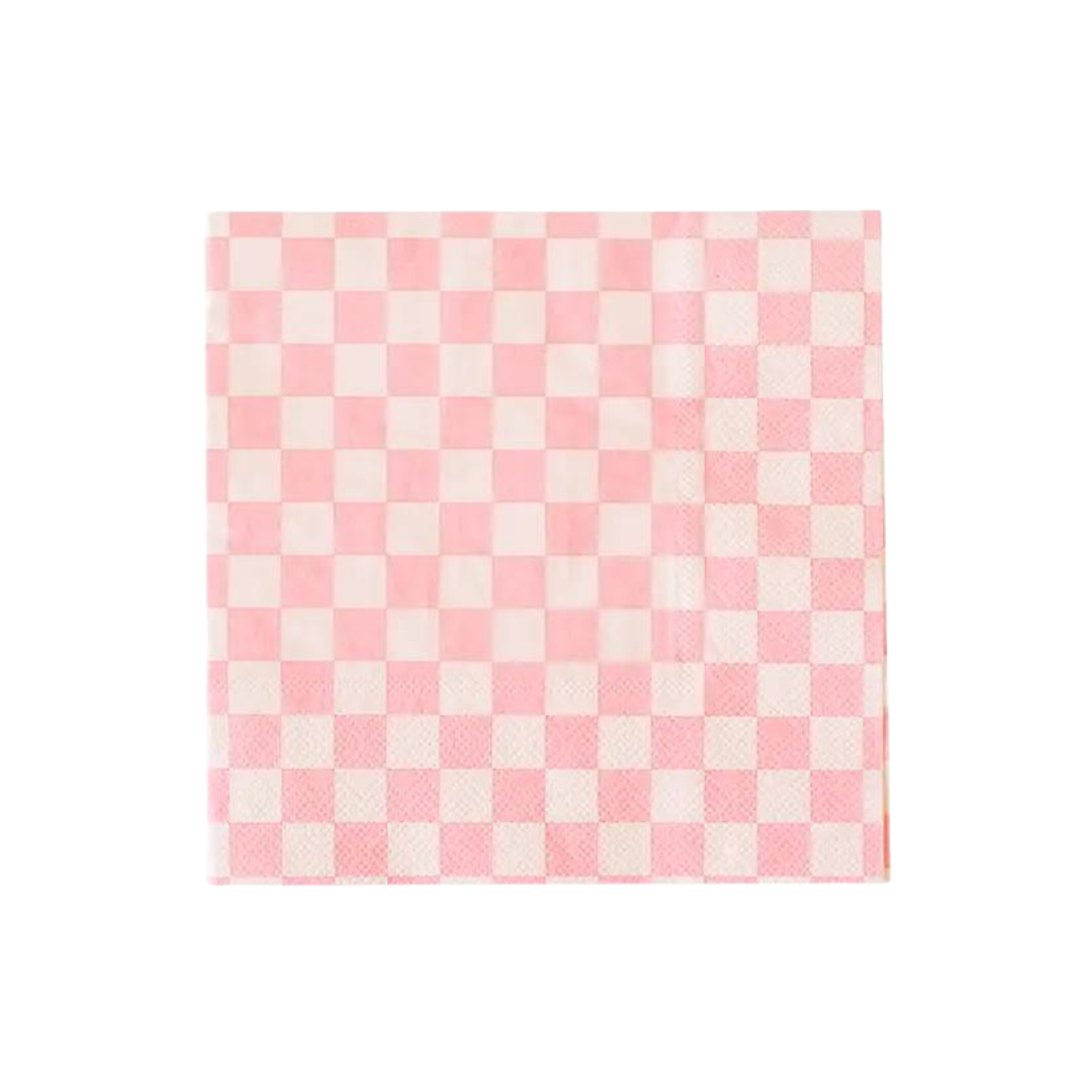 Tickle Me Pink cocktail napkin with pink and white checkered pattern birthday from Parte Haus party supply store in Bethesda MD.