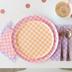 Tickle Me Pink plates with pink and peach checkered pattern for birthday celebration from Parte Haus party supply store in Bethesda Maryland