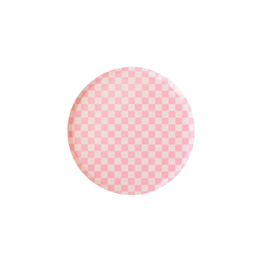 Tickle Me Pink plate pink checkerboard dessert plate for birthday from Parte Haus party supply store in Bethesda Maryland