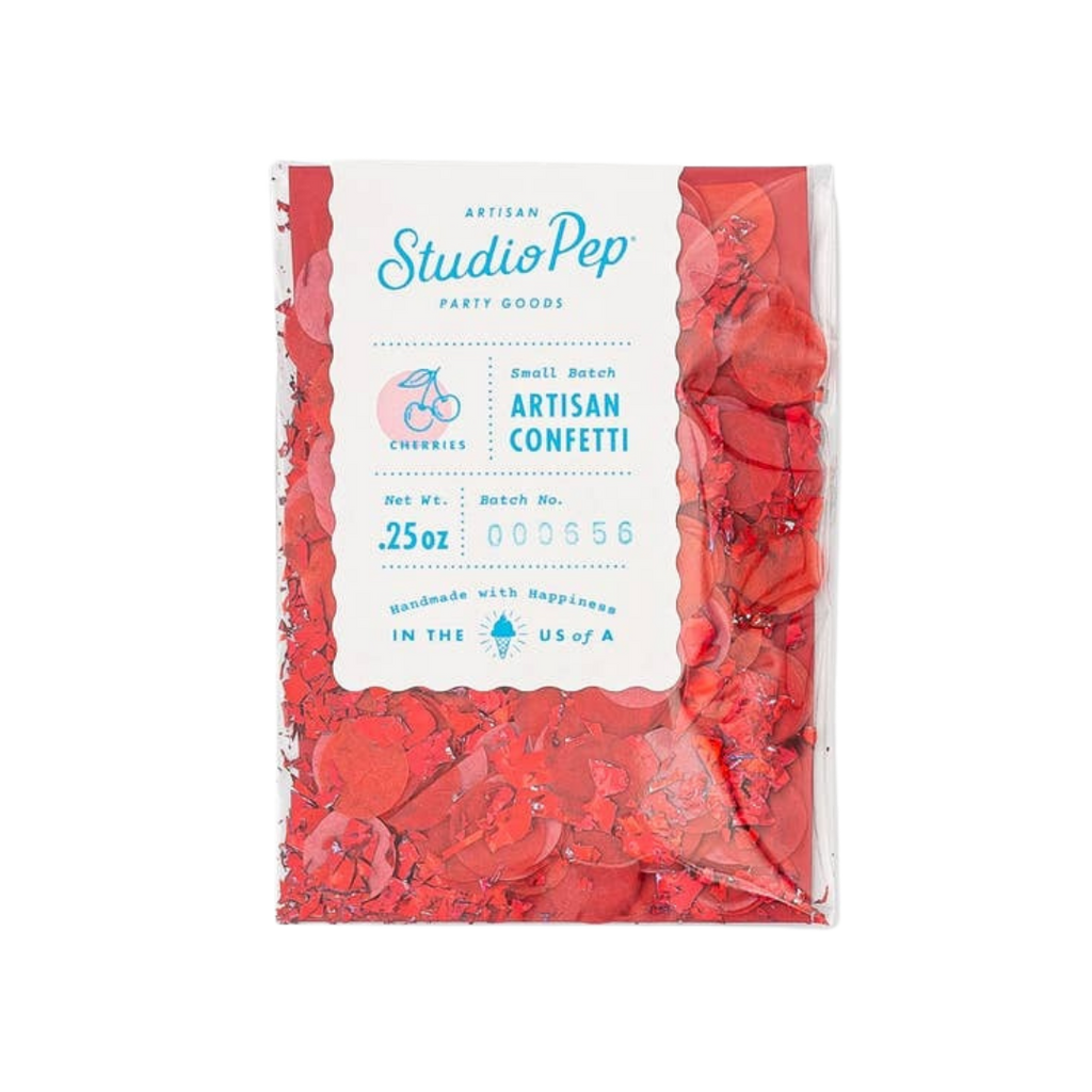 Red cherry artisan confetti in clear bag for celebrations from Parte Haus party supply store in Bethesda MD