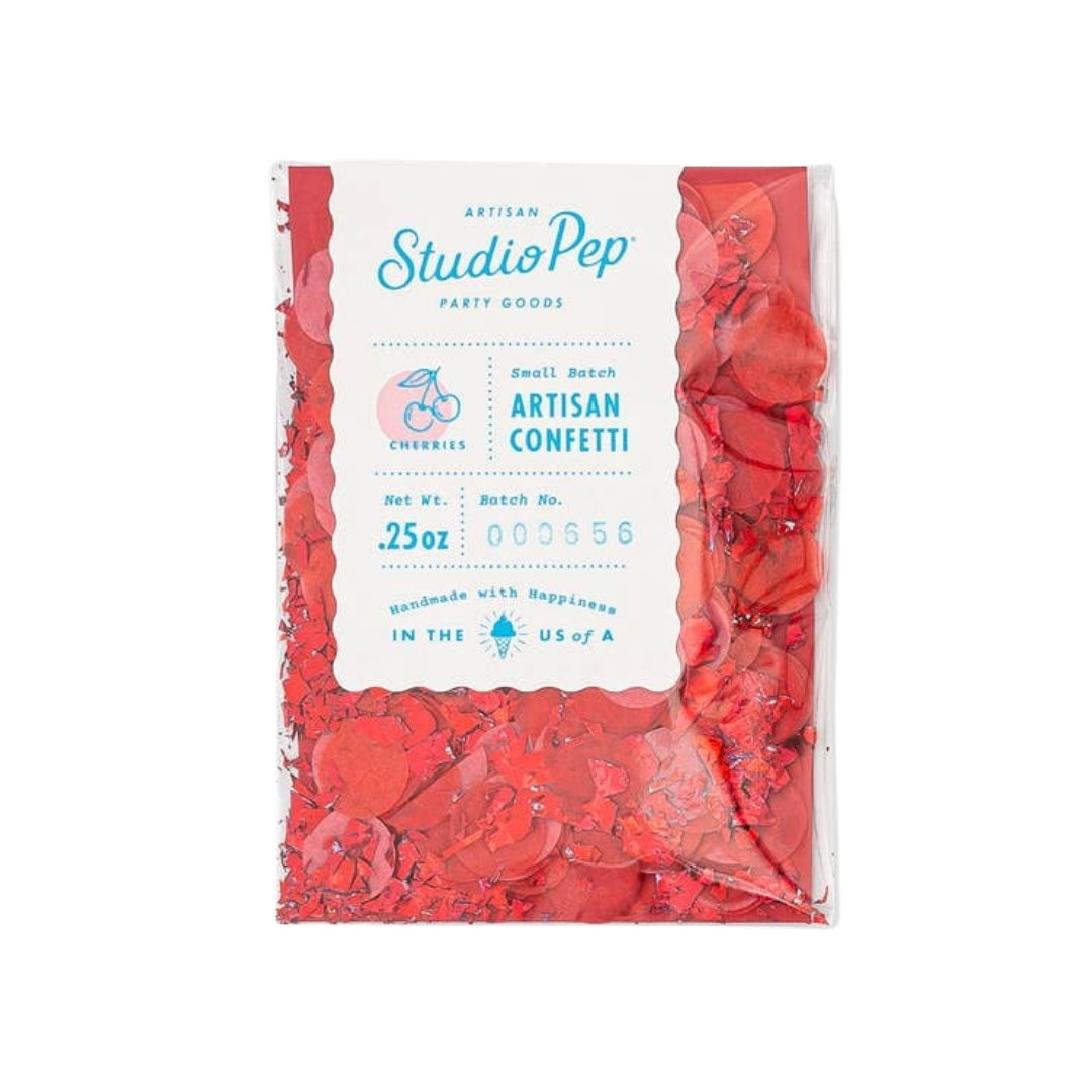 Red cherry artisan confetti in clear bag for celebrations from Parte Haus party supply store in Bethesda MD
