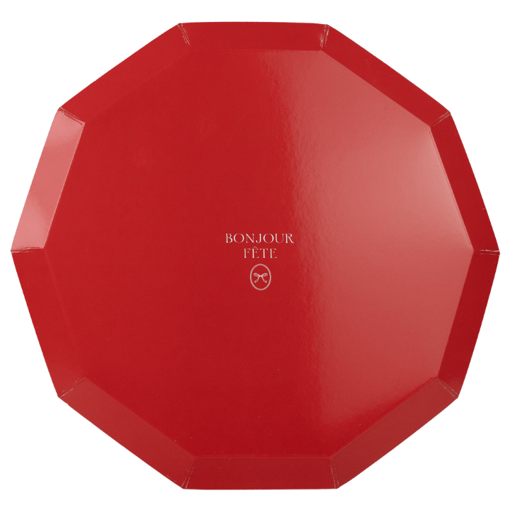 Cherry red large dinner plate with glossy octagon shape from Parte Haus party supply store in Bethesda Maryland
