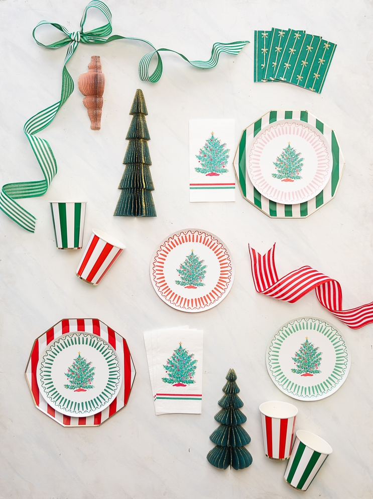 Cherry red cabana stripe cups with festive vertical stripes for Christmas from Parte Haus party supply store in Bethesda Maryland