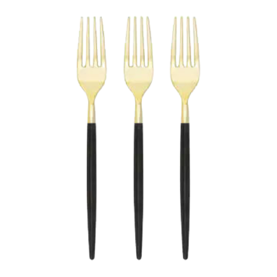 Black and gold forks with round handles modern occasion from Parte Haus party supply store in Bethesda MD