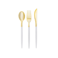 Clear and gold plastic cutlery set with modern elegant design for dinner events from Parte Haus party supply store in Bethesda MD