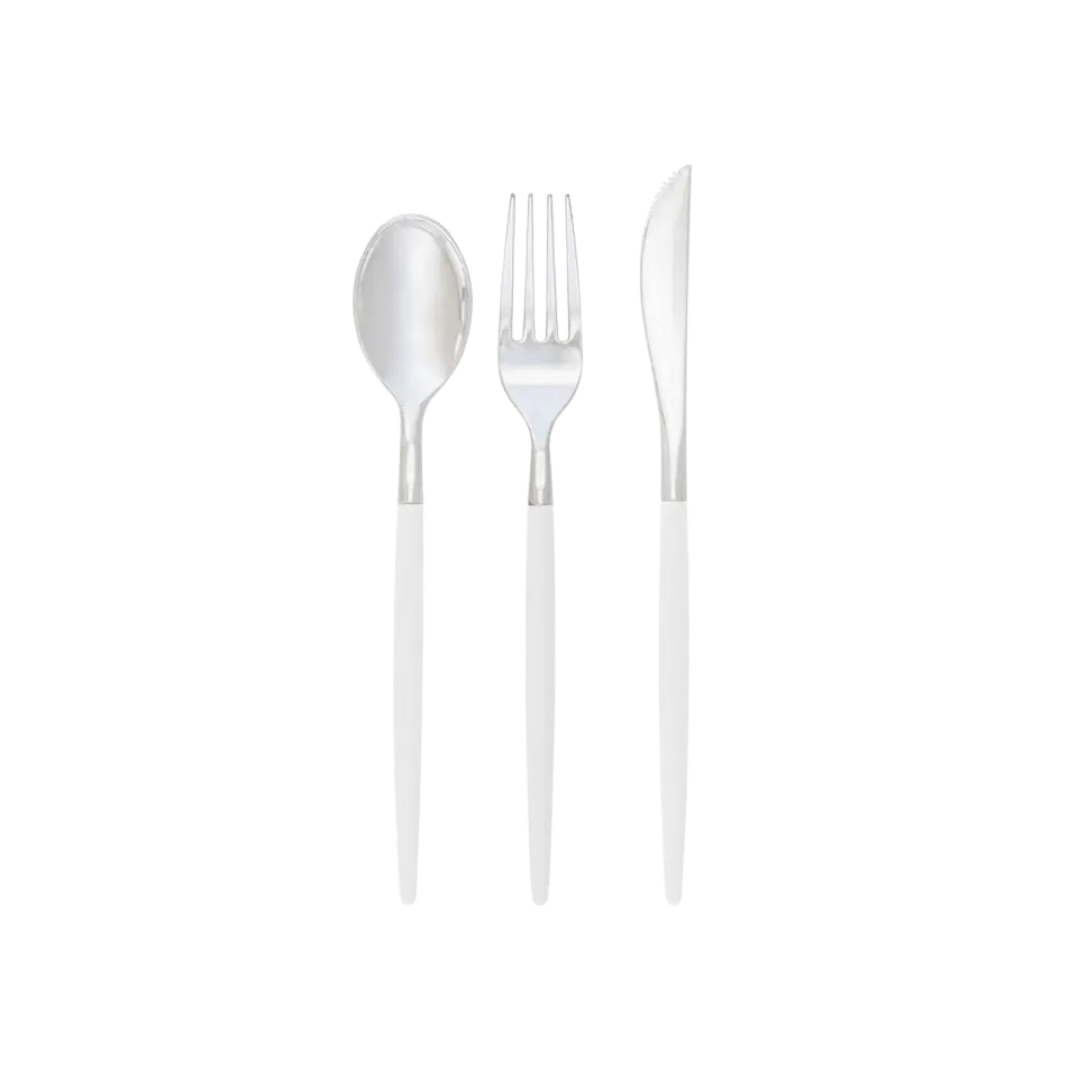 Clear and silver plastic cutlery set elegant modern design from Parte Haus party supply store in Bethesda MD