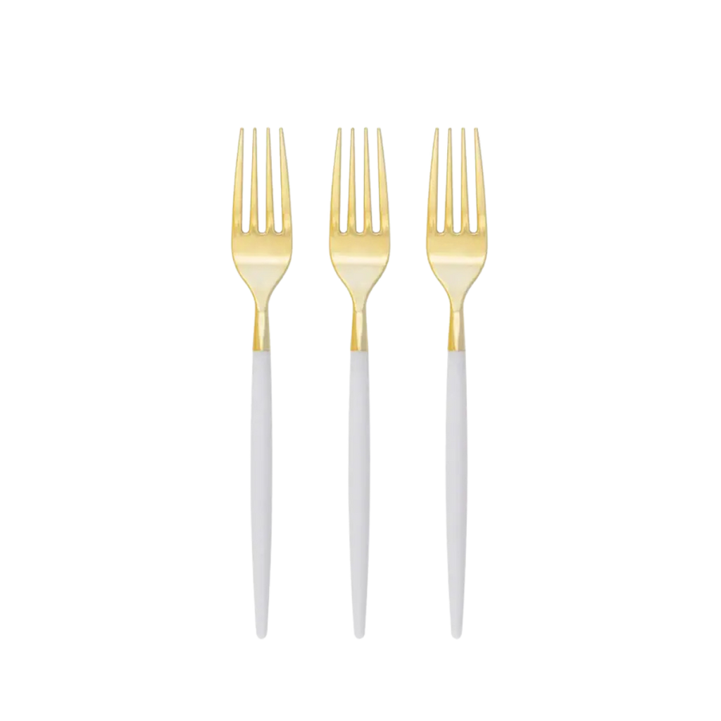 Clear and gold forks with round handles for elegant dining from Parte Haus party supply store in Bethesda MD