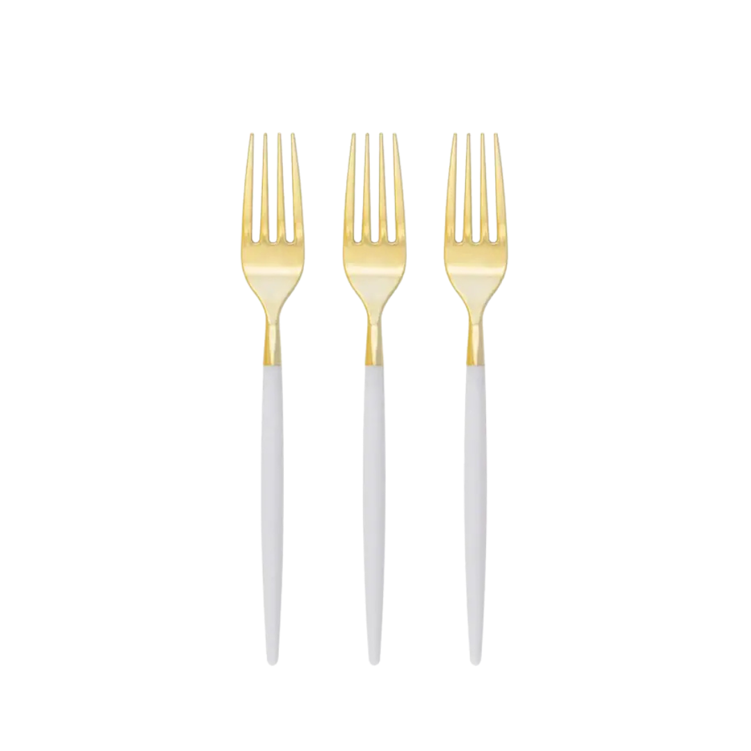 Clear and gold forks with round handles for elegant dining from Parte Haus party supply store in Bethesda MD