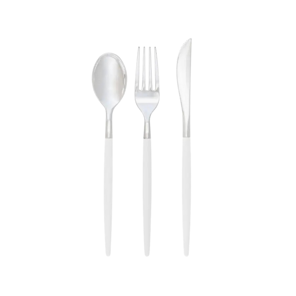 Clear and gold forks with elegant round handles for modern event from Parte Haus party supply store in Bethesda Maryland