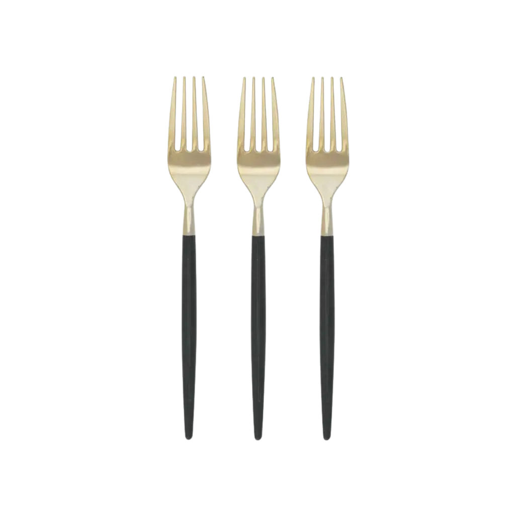 Emerald and gold forks with sleek round handles elegant dining from Parte Haus party supply store in Bethesda MD