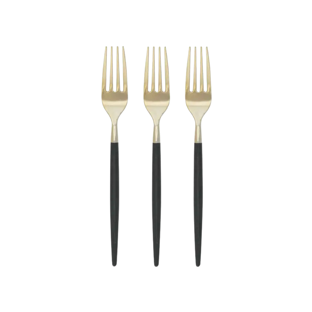 Emerald and gold forks with sleek round handles elegant dining from Parte Haus party supply store in Bethesda MD