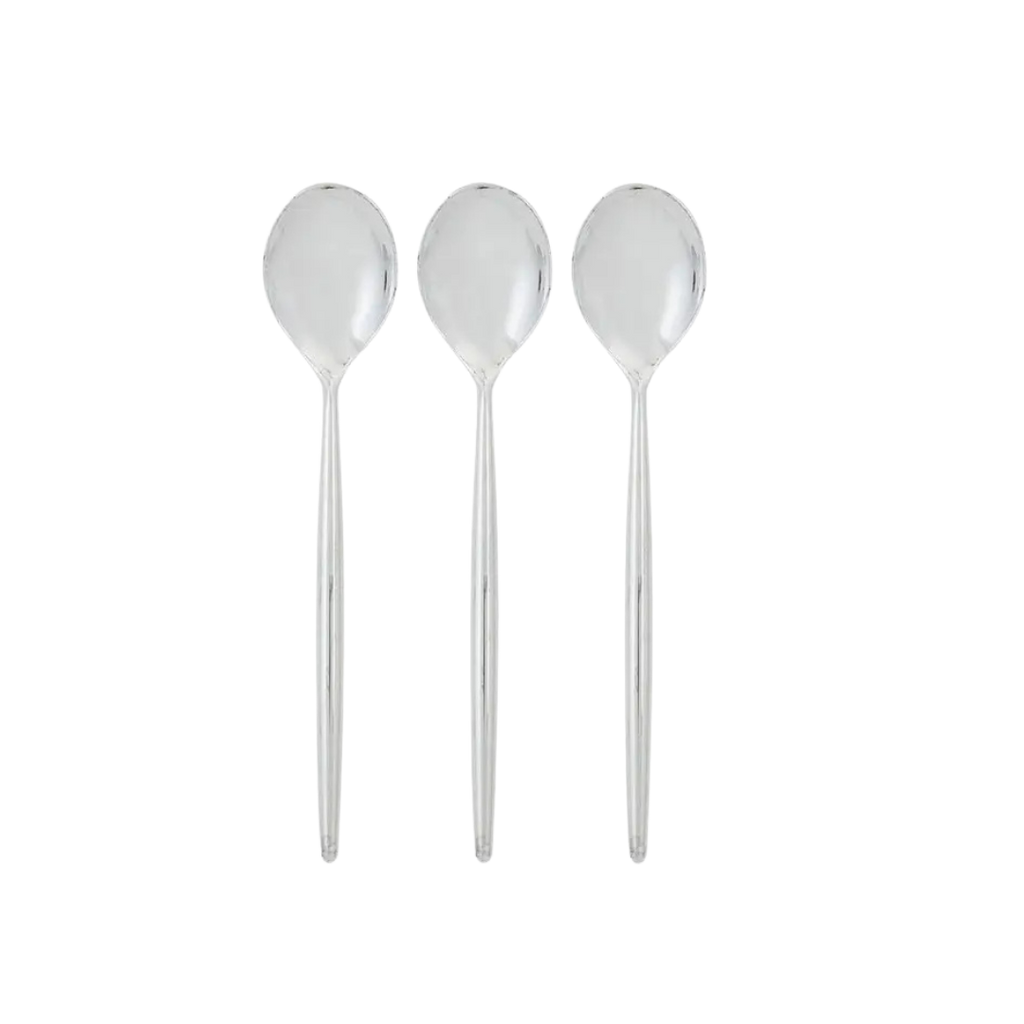 Silver round spoons set of three with chic modern look from Parte Haus party supply store in Bethesda Maryland