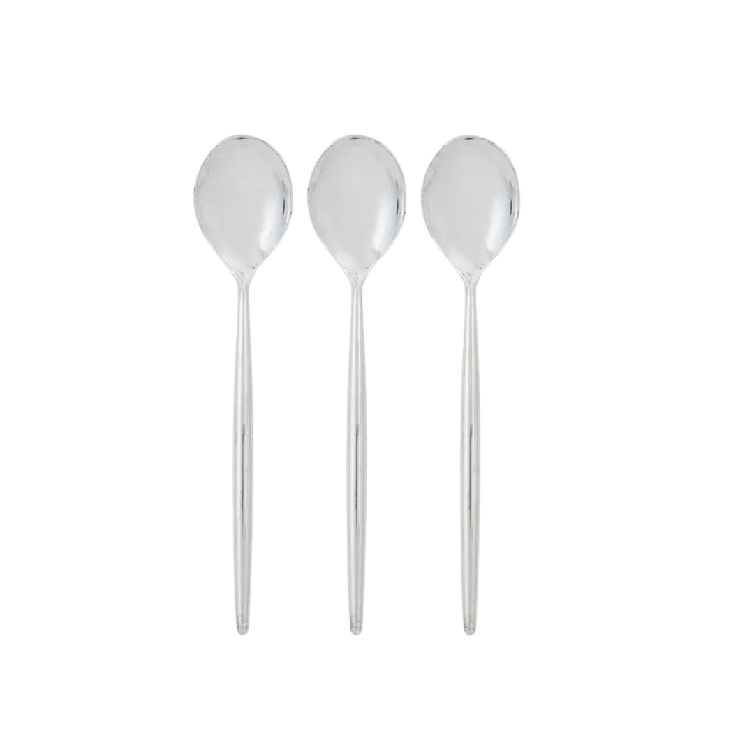 Silver round spoons set of three with chic modern look from Parte Haus party supply store in Bethesda Maryland