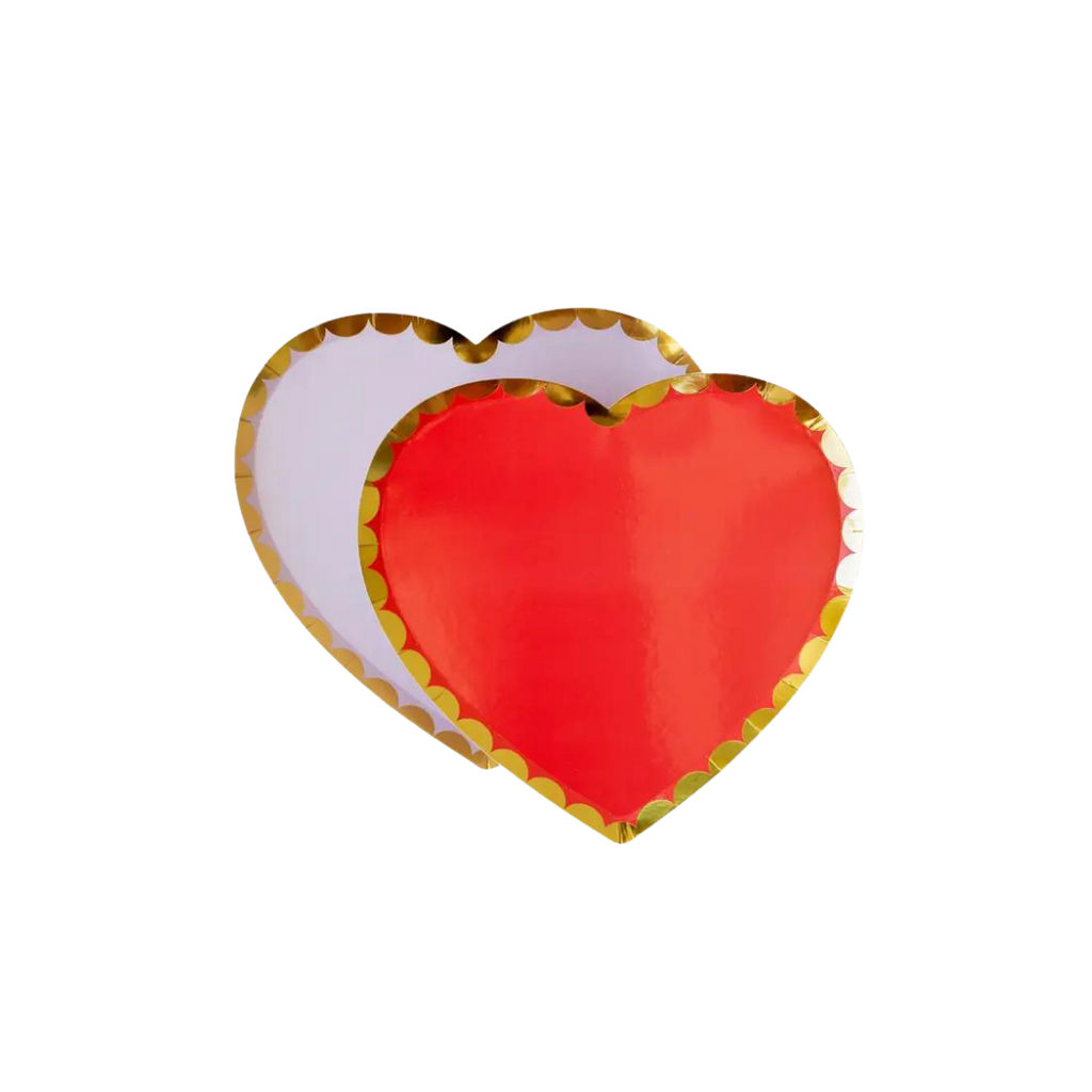Red and white heart shaped plates with gold rim Valentine theme from Parte Haus party supply store in Bethesda MD.