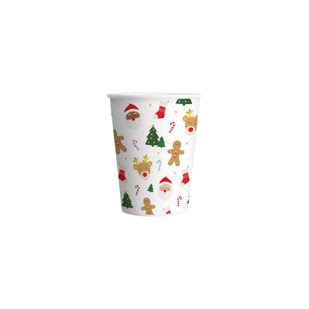 white Christmas icon cup with Santa reindeer trees and gingerbread design for holiday from Parte Haus party supply store in Bethesda MD