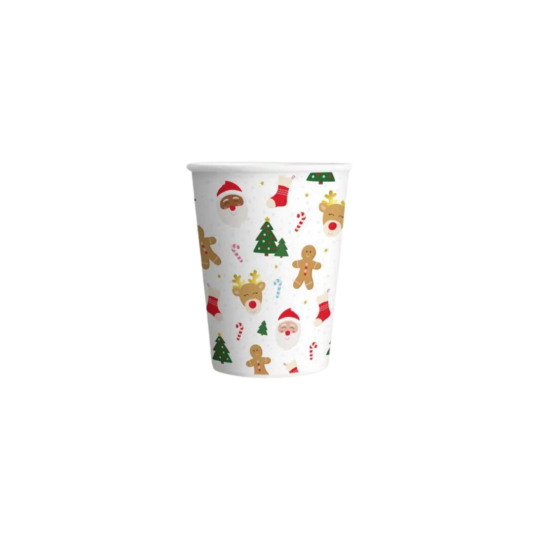 white Christmas icon cup with Santa reindeer trees and gingerbread design for holiday from Parte Haus party supply store in Bethesda MD