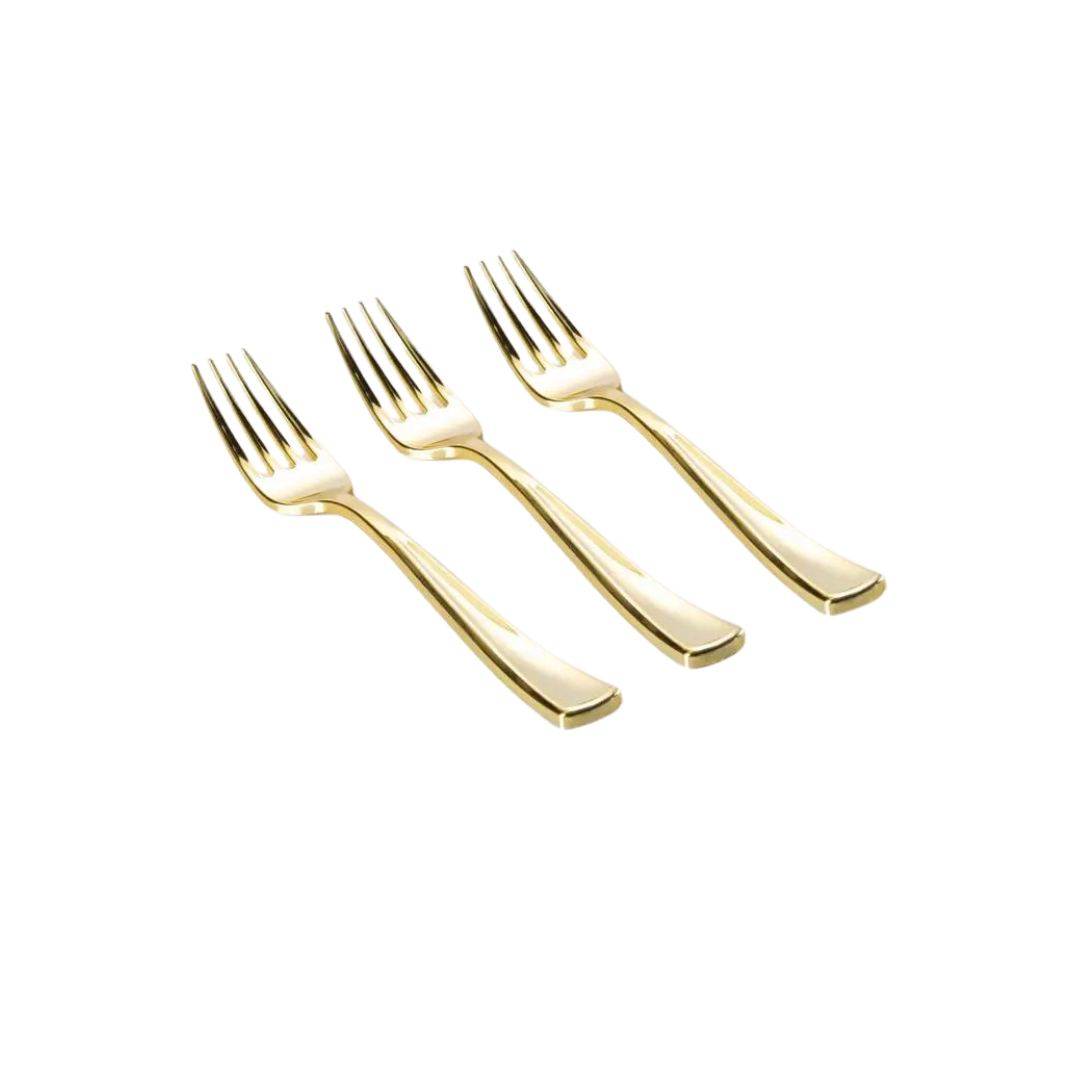 Gold plastic forks classic metallic finish for elegant events from Parte Haus party supply store in Bethesda Maryland