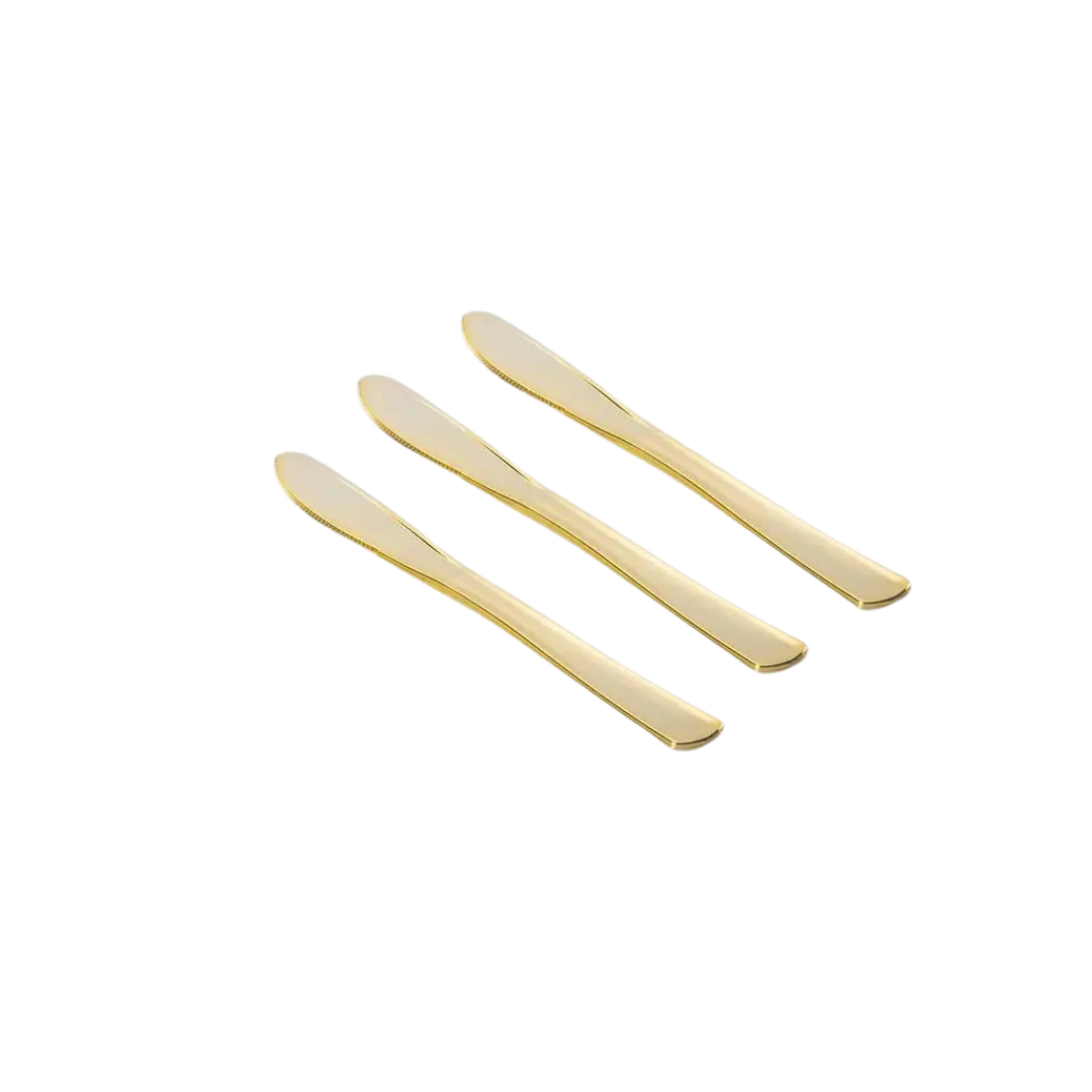 Gold plastic knives with classic design for elegant events from Parte Haus party supply store in Bethesda MD