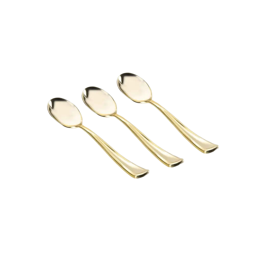 Gold plastic spoons with elegant design for classic celebration from Parte Haus party supply store in Bethesda MD.