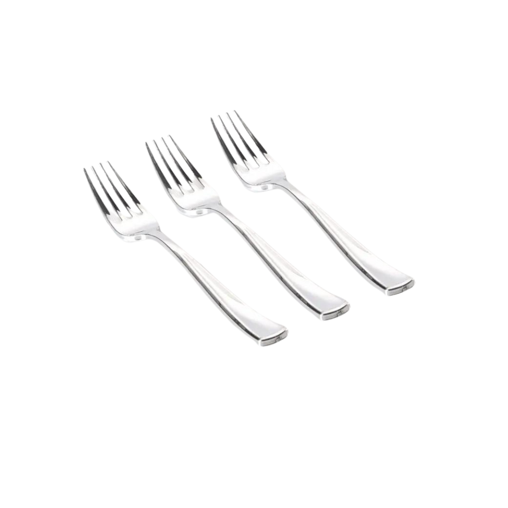 Silver plastic forks in classic design formal dining from Parte Haus party supply store in Bethesda Maryland